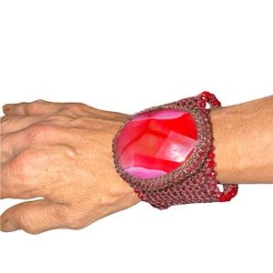 handmade macrame cuff bracelet large, vibrant pink/red agate stone crystal trim